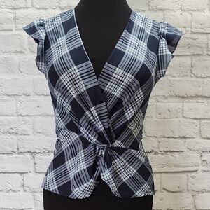 Laundry Shelli Segal Flutter Ruffle Sleeve Blouse Plaid Navy Blue White Small